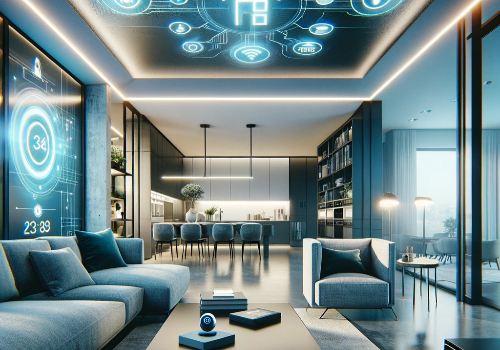 DALL·E 2023-12-18 14.22.45 - A contemporary and sleek cover image for a real estate blog post focused on smart home technology. The image should showcase a modern home with visibl